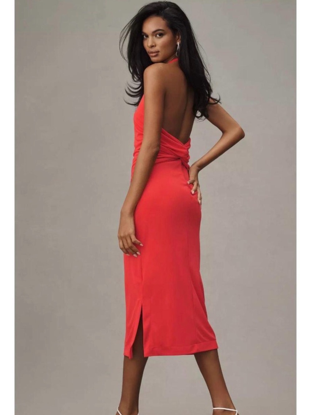 Vibrant Coral Red Halter Backless Midi Dress by Anthropologie
